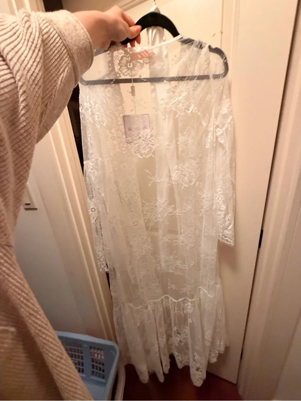 Sheer Lace Tie-Waist Robe in White